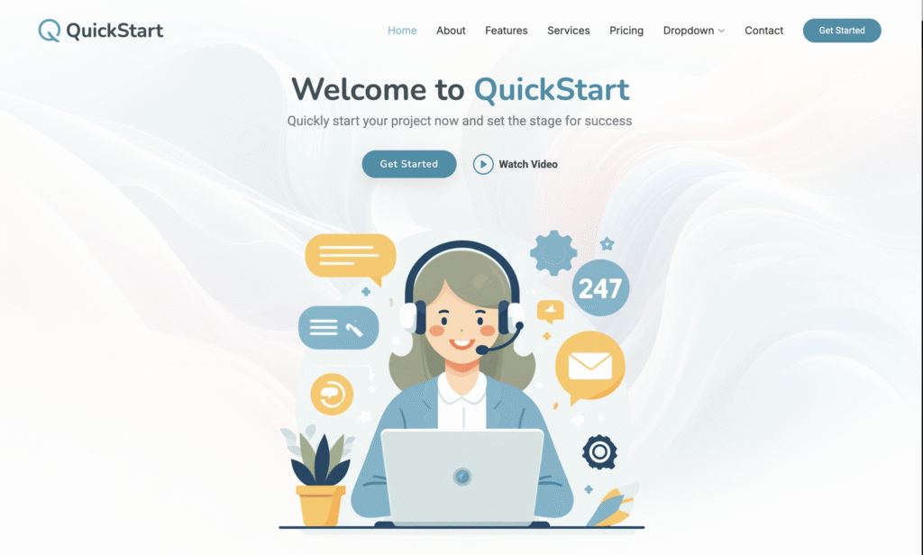 Quick Start theme homepage screen.